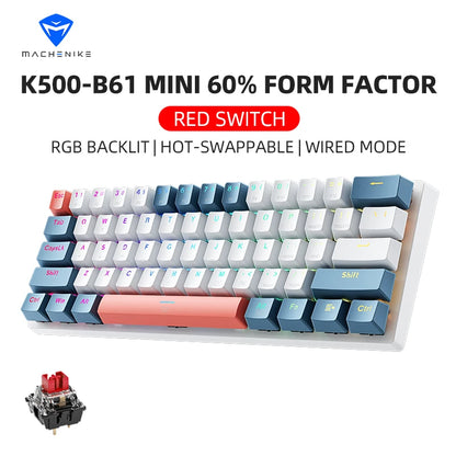 K500-B61 Machenike Mini teclado mecánico, formato 60%, 61 teclas, teclado gaming con cable, teclas totalmente hot-swappable y retroiluminación RGB
