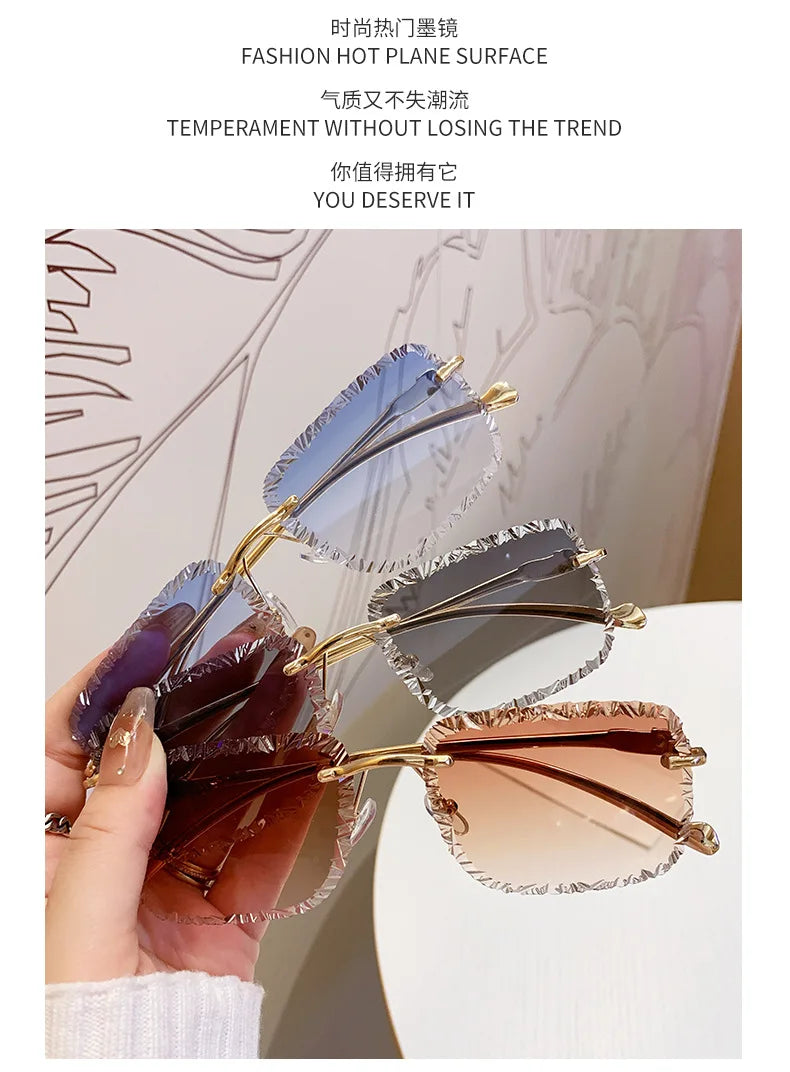Fashion Broken Diamond Cutting Sunglasses Luxury Rimless Square Sun Glasses Designer Frameless Shades for Outdoor Driving Travel