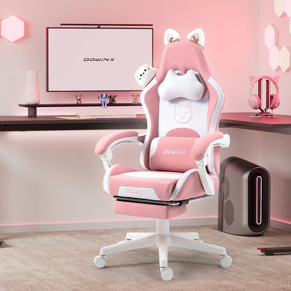 Silla gaming cute con orejas de gato, reposapiés rosa kawaii, silla de ordenador ergonómica de respaldo alto para gamers con soporte lumbar de pata de gato