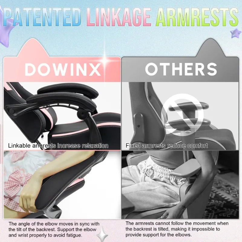 Silla gaming cute con orejas de gato, reposapiés rosa kawaii, silla de ordenador ergonómica de respaldo alto para gamers con soporte lumbar de pata de gato