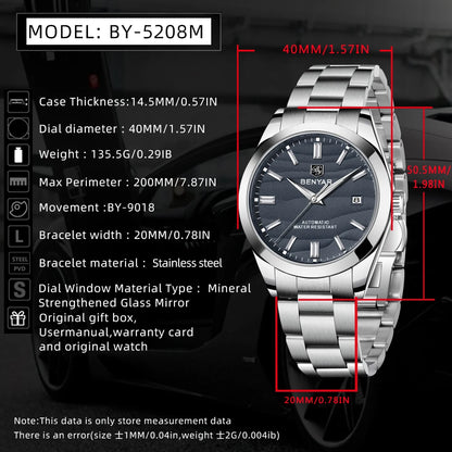 BENYAR Top Sand Series 40mm Hot Selling Mechanical Watch 316L Stainless Steel Simple 5 Bar Waterproof Automatic Men's Watch