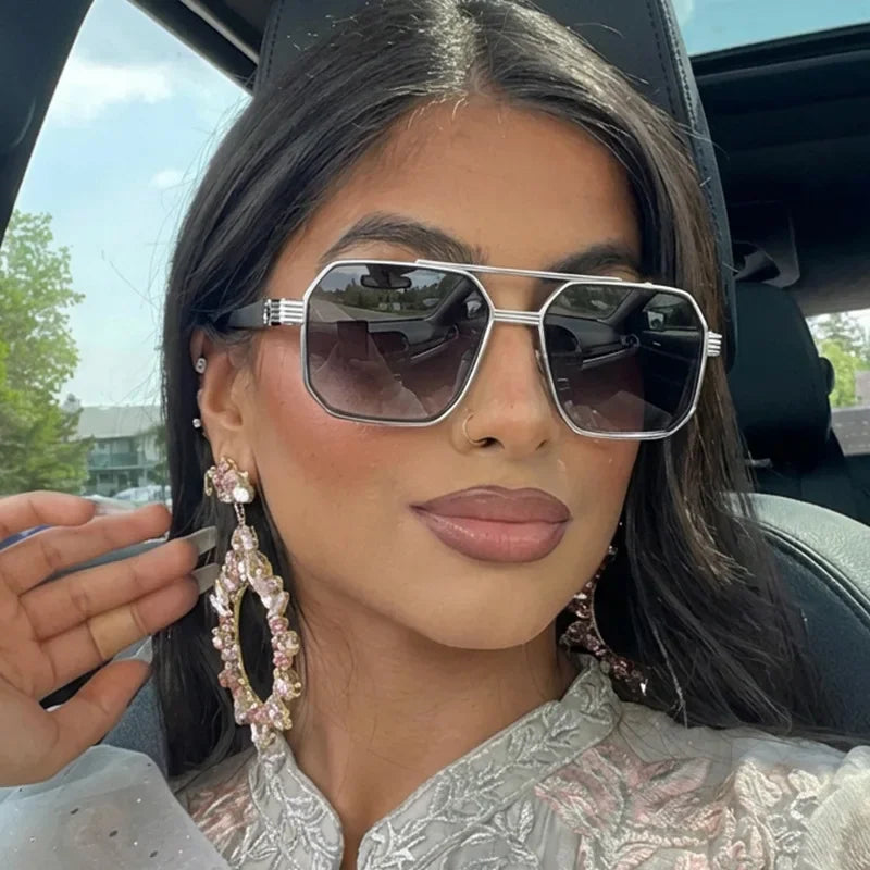 Trendy Women Luxury Polygonal Sunglasses Double Beam Men Metal Sunglass Outdoor Driving Shade Unisex