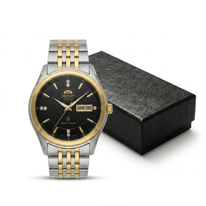 Relógio mecânico automático para homem da Orient, com calendário duplo (data e dia da semana), índices em cristal e bracelete em aço inoxidável – Relógio de pulso de estilo profissional