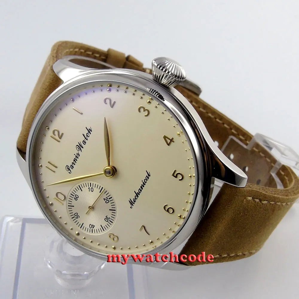 Vintage PARNIS Mechanical Hand Winding Watch Men Gold 44mm Steel Wristwatch Sport 17 Jewels 6497 Movtt Khaki Band Glass Back