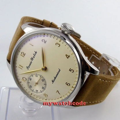 Vintage PARNIS Mechanical Hand Winding Watch Men Gold 44mm Steel Wristwatch Sport 17 Jewels 6497 Movtt Khaki Band Glass Back