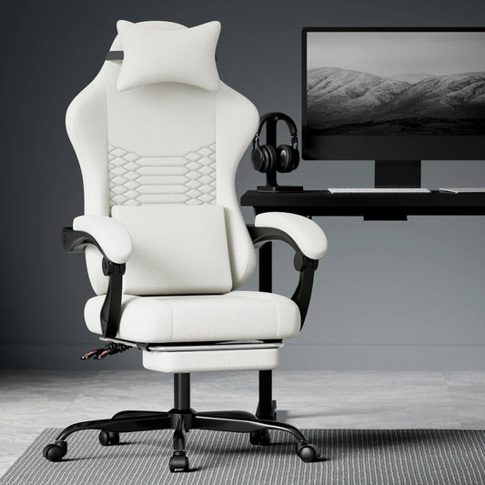 Ergonomic Gaming Chair Fabric Office Chair with Footrest, 360° Swivel Adjustable Desk Chair, Comfortable Racing Style Computer Chair