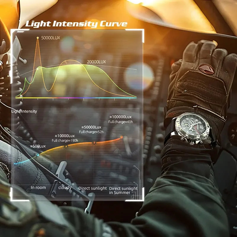 NORTH EDGE Men's Watches Solar Power 316 Stainless Steel Case Quartz Watch for Men Pilot Waterproof 50M Stopwatch