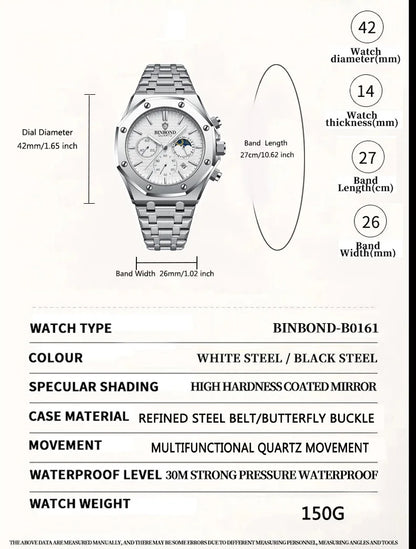 BINBONG B0161 Top Brand Man Business Quartz Watch Chronograph Wristwatch Stainless Steel Strap 30M Waterproof Luxury Men Watch