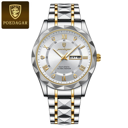 Montre homme POEDAGAR Business Luxury, étanche, en acier inoxydable, lumineuse, avec date et jour de la semaine, style sport, à quartz.