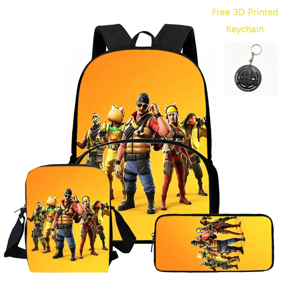 FORTNITE 3-Piece Lightweight Backpack Set with Front Pocket, Crossbody Bag & Pencil Case for Ages 5-9 Boys and Girls, Includes Free 3D Printed Keychain