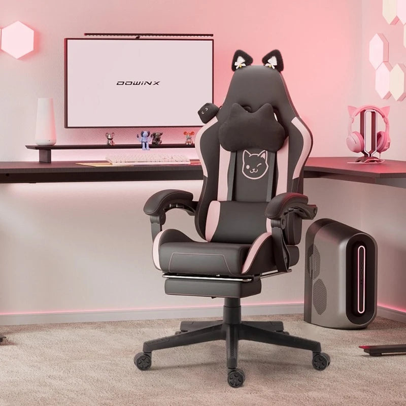 Silla gaming cute con orejas de gato, reposapiés rosa kawaii, silla de ordenador ergonómica de respaldo alto para gamers con soporte lumbar de pata de gato