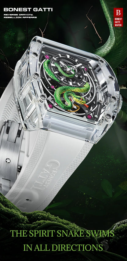 BONEST GATTI Men's Mechanical Watch Sapphire Crystal Double-Sided Hollow Out Luminous 30M Waterproof Snake Pattern Dial Wristwatch