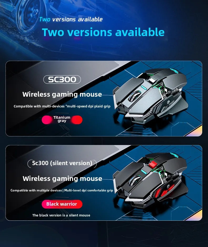 SC300 Wireless Mechanical Gaming Mouse Ergonomic RGB Backlit Rechargeable DPI Adjustable Silent Mice for Desktop Laptop Tablet