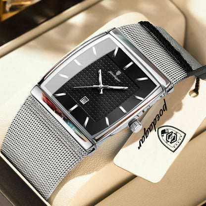 POEDAGAR Men’s Luxury Rectangle Quartz Watch Stainless Steel Mesh Strap, Luminous Dial & Date