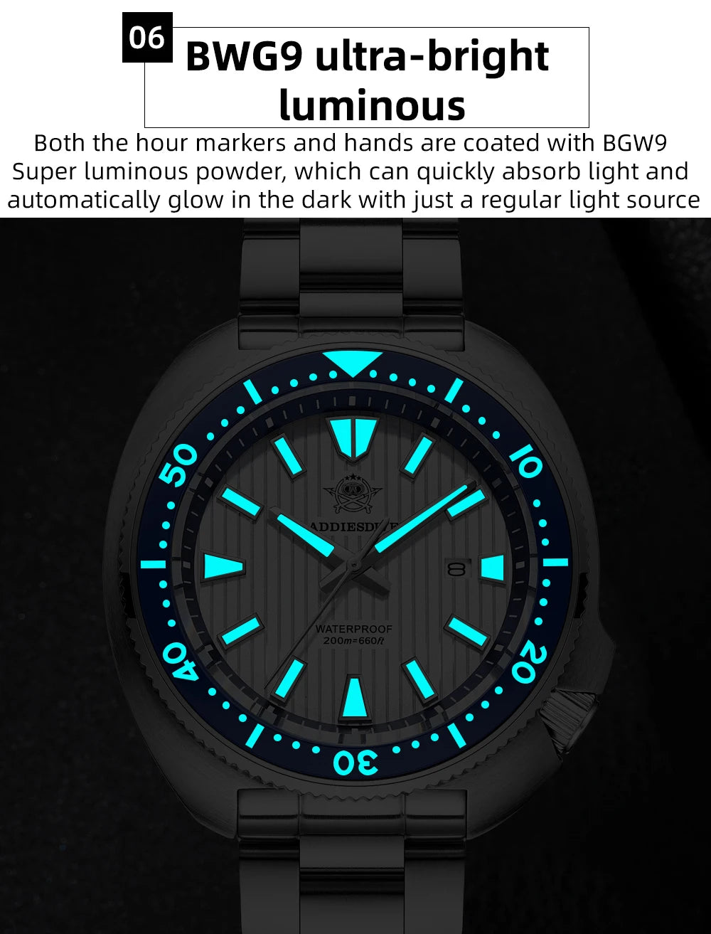 ADDIESDIVE Men's Diving Watch 200 Waterproof Sapphire Glass Quartz Watch BGW9 Luminous Stainless Steel Business Fashion Watch