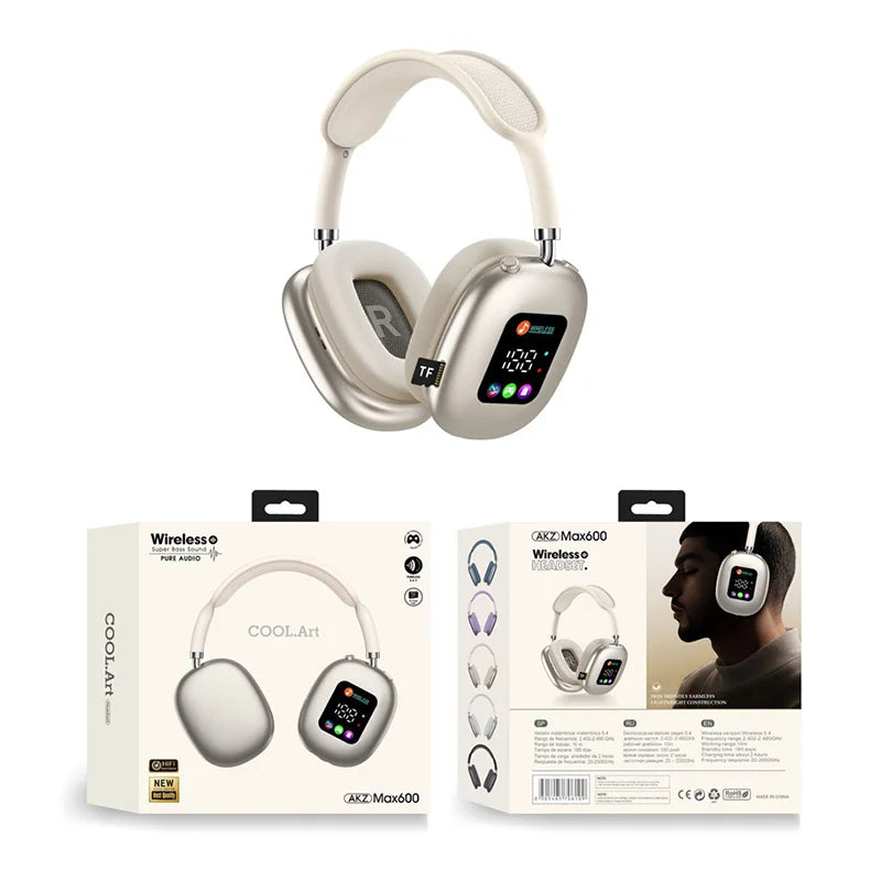 MAX600 Wireless Active Noise Cancelling Headphones – Bluetooth 5.2 Over-Ear Headset with Touch Control, LED Display & Microphone