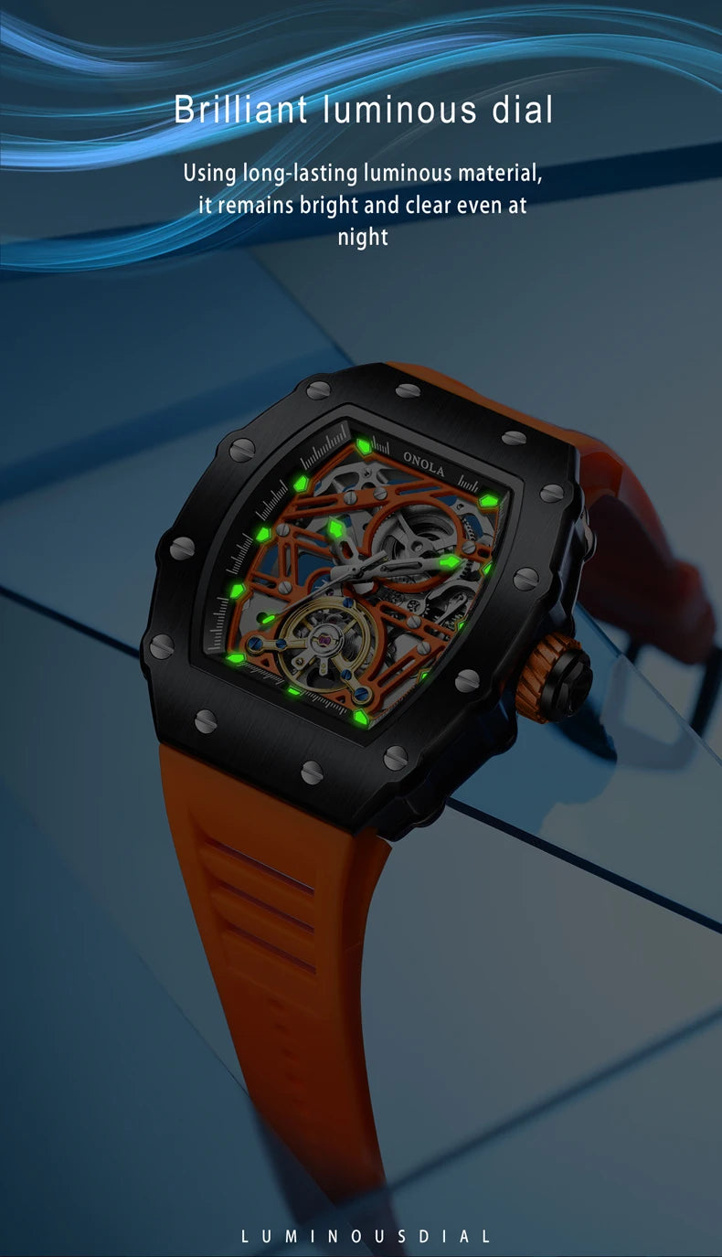 Fashion Luxury Men's Watch ONOLA Hollow Out Rudder Flywheel Fully Automatic Mechanical Waterproof Silicone Watches Clock