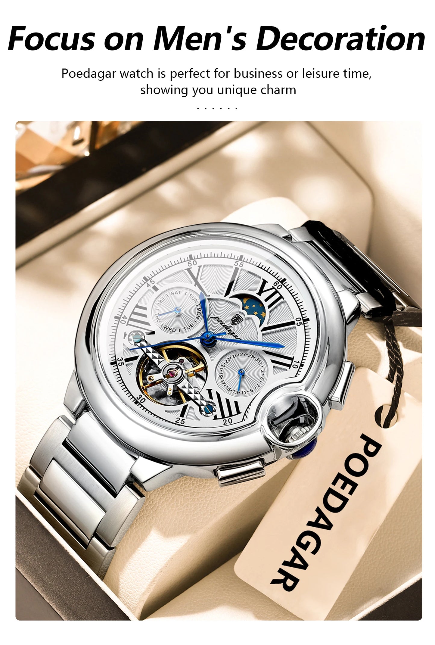 POEDAGAR Luxury Male Watch Tourbillon Date Week Stainless Steel Men Watch Waterproof Automatic Mechanical Military Men's Watches