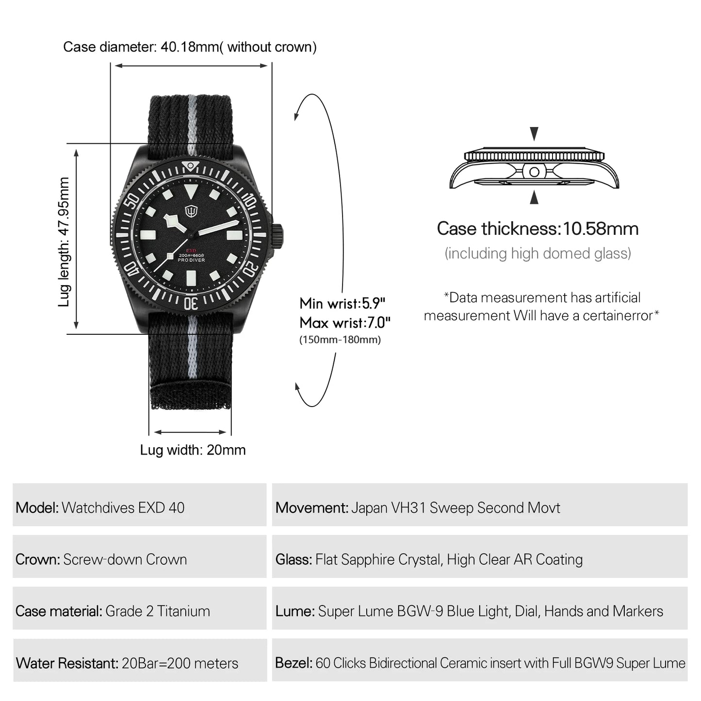Watchdives EXD 40Mm Titanium Dive Watch Men's VH31 Sweep Quartz Watches 200 Waterproof AR Sapphire BGW9 Luminous 316L Wristwatch
