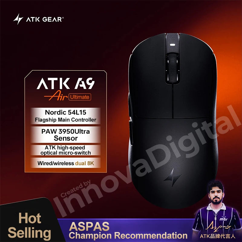 ATK Dragonfly A9 Ultimate belaidė žaidimų pelė A9 Air PAW3950, itin lengva ergonomiška e. sporto FPS žaidėjų pelė CSGO A9 Ultra