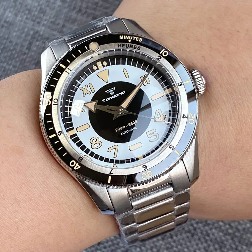 Tandorio NH35A PT5000 Mechanical Mens Watch 20BAR Waterproof Sapphire Luminous Red Black Dial Stainless Steel Bracelet New Clock