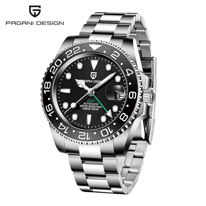 PAGANI DESIGN 40MM GMT Reloj para hombre de lujo con cristal de zafiro AR, reloj mecánico con bisel cerámico, automático, resistente al agua 100M, reloj de regalo