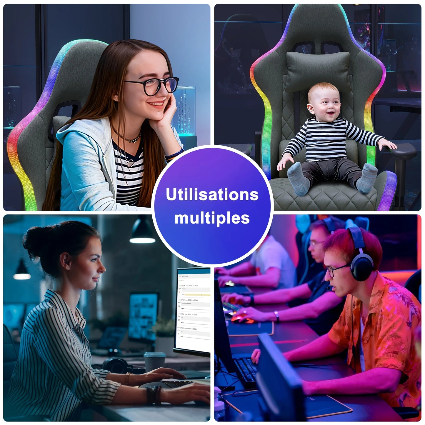 Ergonomic Office Chair with Lumbar Massage, RGB LED Lighting, Reclining Backrest, Adjustable Armrests, Gaming Desk Chair for Home Office