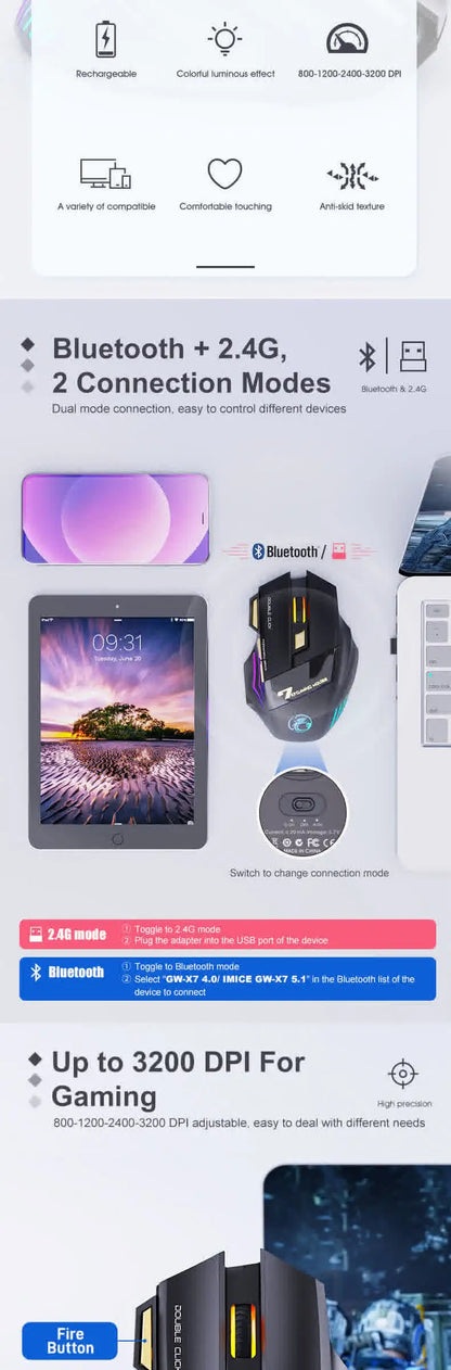 Brezžična miška Bluetooth, polnilna računalniška miška za gamerje, ergonomska gaming miška z RGB osvetlitvijo in tihim delovanjem za PC