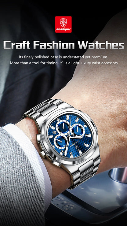 POEDAGAR Men’s Luxury Stainless Steel Quartz Watch  Waterproof Chronograph with Luminous Dial & Date