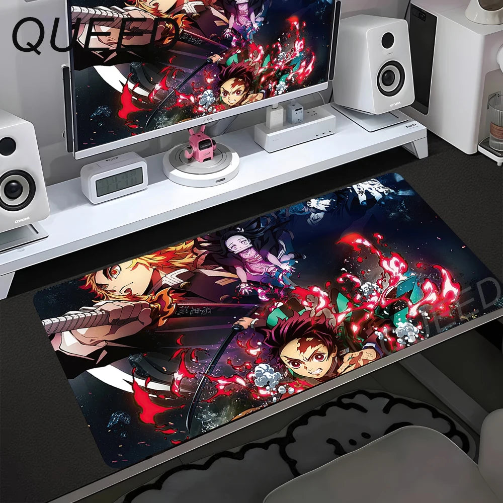 Tapete de Secretária para Computador e Teclado, Tapete de Rato Anime com Rapariga Kawaii, 900x400mm, Borracha Antiderrapante, Demon Slayers XL