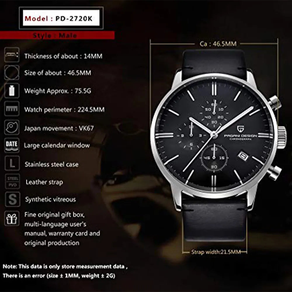PAGANI DESIGN New 2720K Men Watch VK67 Quartz Wristwatch Multi functional Chronograph Sapphire Glass Waterproof Clock Watch Gift