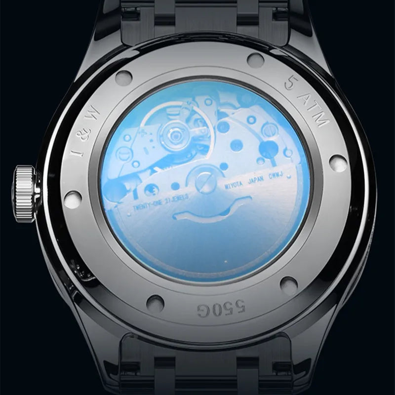 Prabangus mechaninis vyriškas laikrodis „Reloj CARNIVAL“ iš volframo, su automatiniu mechanizmu „MIYOTA 8205“, atsparus vandeniui.