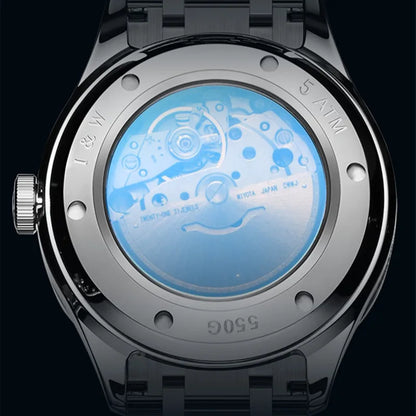 Prabangus mechaninis vyriškas laikrodis „Reloj CARNIVAL“ iš volframo, su automatiniu mechanizmu „MIYOTA 8205“, atsparus vandeniui.