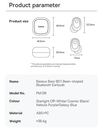 Baseus Bass BD1 Wireless Bluetooth 5.4 Earbuds – Mini Bean TWS Earphones, 35H Playtime, IP55 Waterproof Sports Headphones with Deep Bass & Low Latency