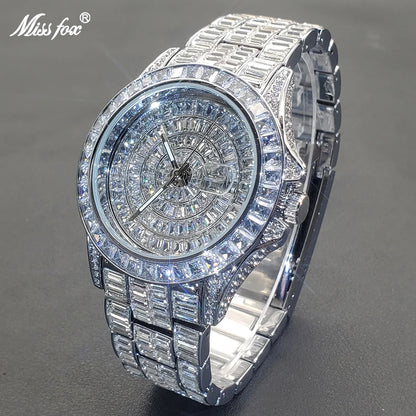Full Iced Out Watches For Men Luxury Handmade Mosaic Diamond Silver Steel Watch Fashion Hip Hop Silver Automatic Date Male Clock