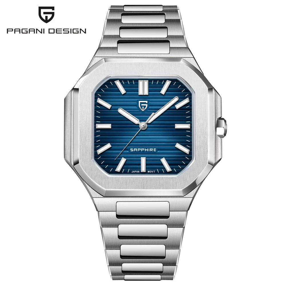 Nuovo orologio di lusso quadrato PAGANI DESIGN 2026 da uomo al quarzo, vetro zaffiro AR, movimento giapponese, luminoso, in acciaio 316L all steel