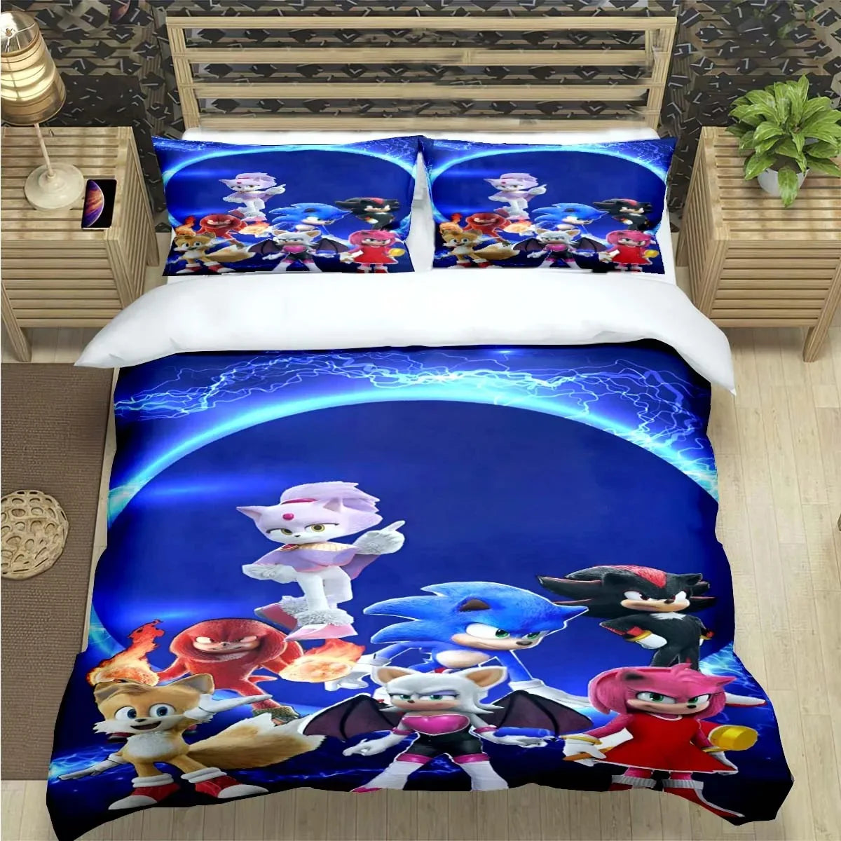Mados animacinių filmų personažų motyvais dekoruotas patalynės komplektas „Sonic“ antklodės užvalkalas, antklodė, lovos užklotas, skirtas paaugliams, vaikams, mergaitėms ir berniukams – prabangus gimtadienio dovana