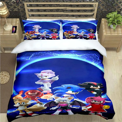 Mados animacinių filmų personažų motyvais dekoruotas patalynės komplektas „Sonic“ antklodės užvalkalas, antklodė, lovos užklotas, skirtas paaugliams, vaikams, mergaitėms ir berniukams – prabangus gimtadienio dovana