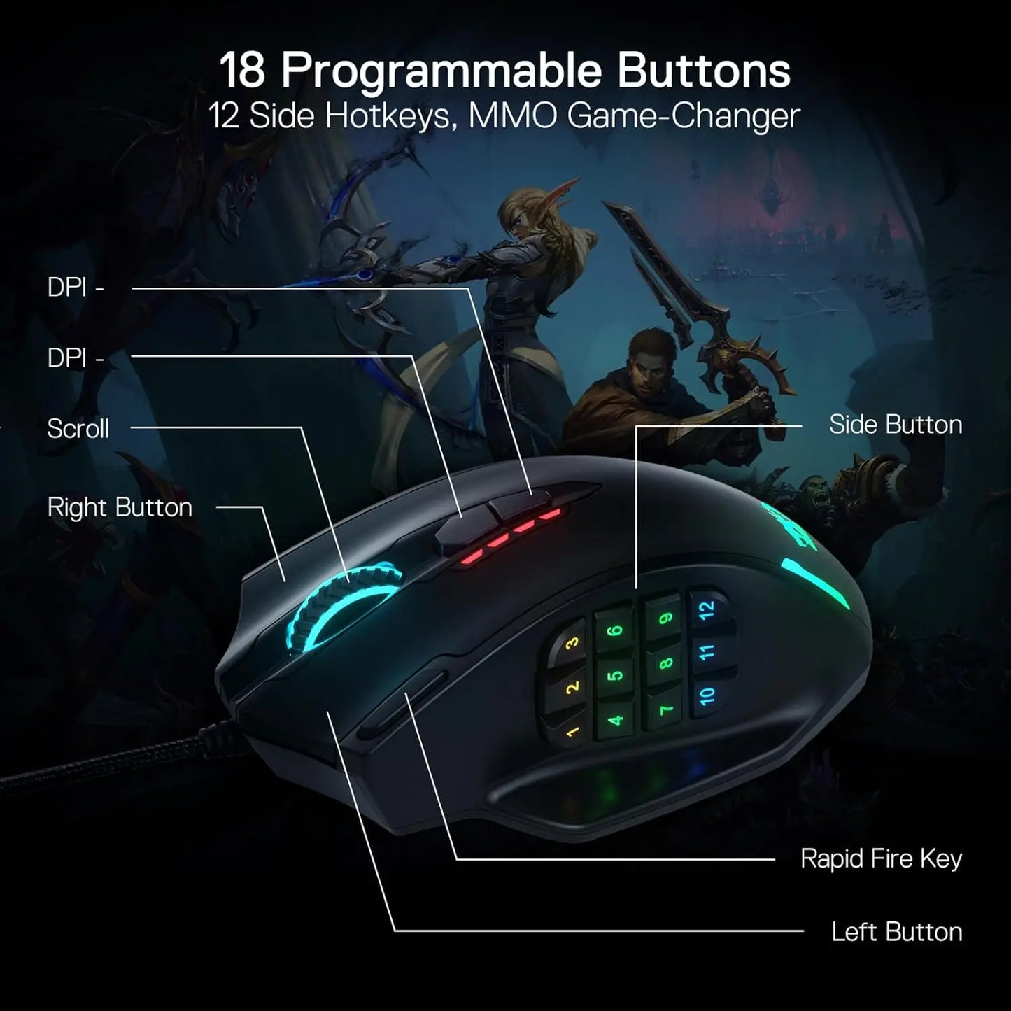 Redragon M908 RGB-Hintergrundbeleuchtung LED USB-kabelgebundene Gaming-Maus 18 programmierbare Maustasten 12400 DPI
