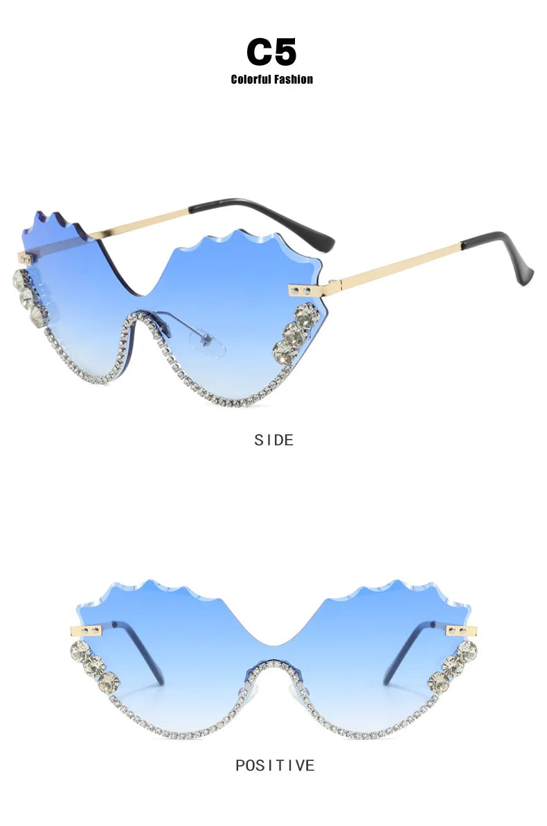 Fashion Luxury Brand Design Diamond Wave Rimless Women Sunglasses Hip Hop Eyewear Outdoor Glasses Unisex Shades Glasses UV400