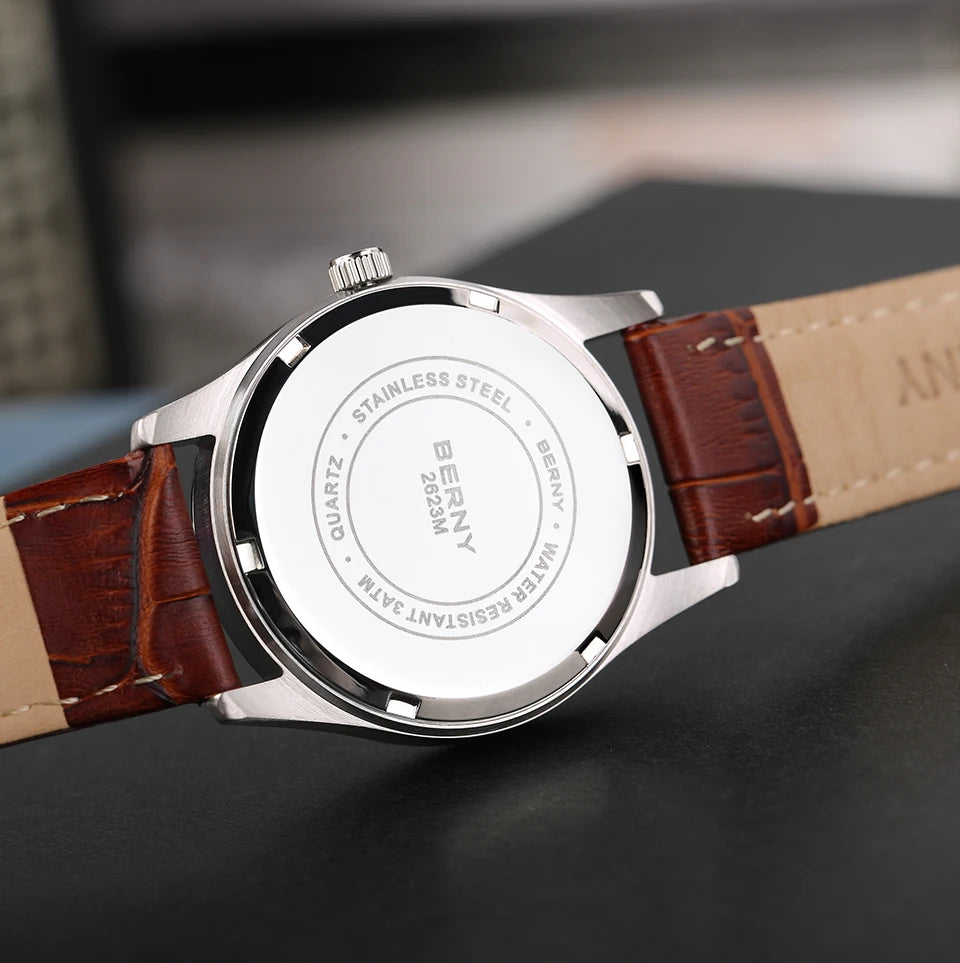 BERNY Men's Watch Quartz Day Top Calendar Wristwatch Waterproof Blued Steel Hands Arabic Numerals Easy Read Relogio Masculino