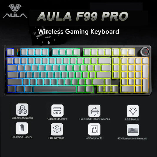 AULA F99 Pro E-sports Gaming Mechanical Keyboard Three Mode RGB Hot Swappable 96% PBT Custom Wireless Keyboard with Medi Knob