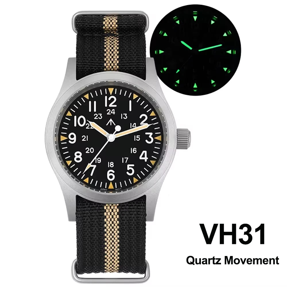 Militado ML05 38mm Military Field Watch VH31 Sweep Quartz Movement Domed Sapphire Crystal Waterproof 100M Super Luminous Watches