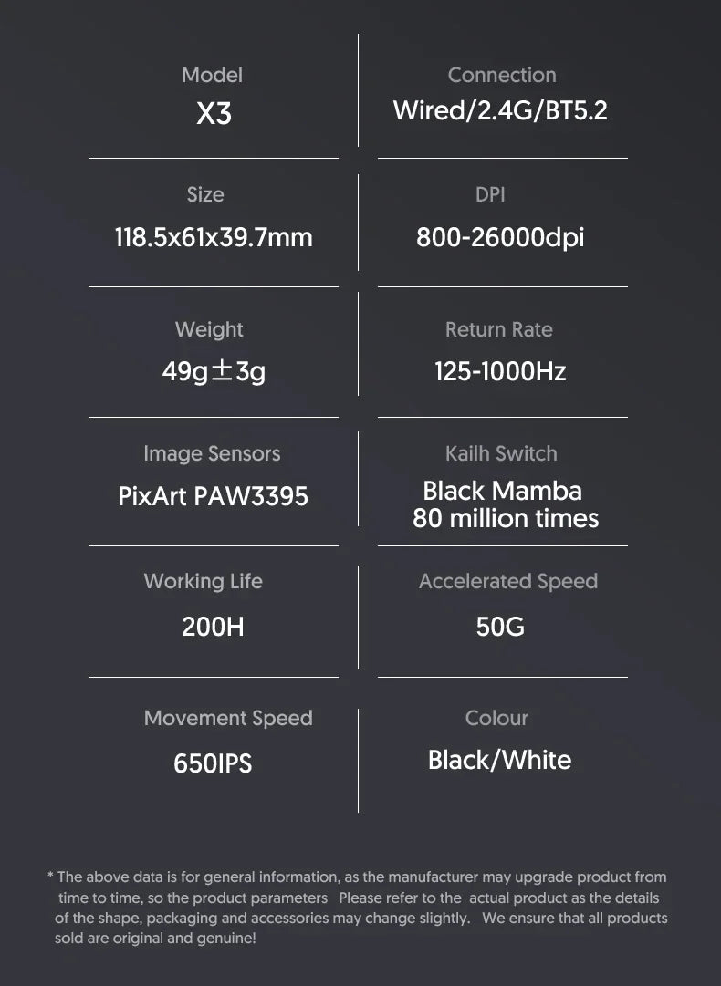 ATTACK SHARK X3 Ultra-Light Wireless Mouse - Tri-Mode 2.4G/BT/Wired, PAW3395 26000DPI, 55g, Macro, for Gaming/Xbox/PS/PC/Mac