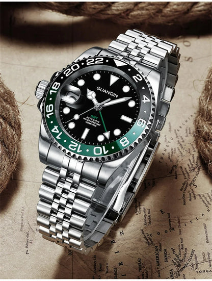 GUANQIN GMT Reloj para hombre 2025 nuevo reloj automático para hombre NH34 reloj mecánico de pulsera con cristal de zafiro y acero inoxidable para mano izquierda