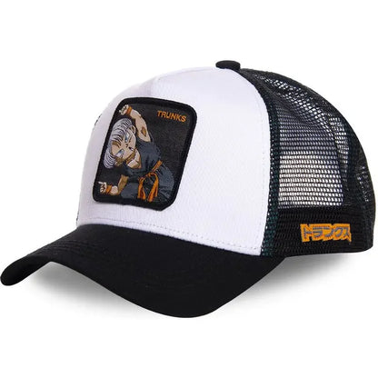 Dragon Ball Son Goku sapka, nyári utazós csúcsos sapka, férfi hímzett hip-hop stílusú napellenzős, állítható trucker hálós sapka