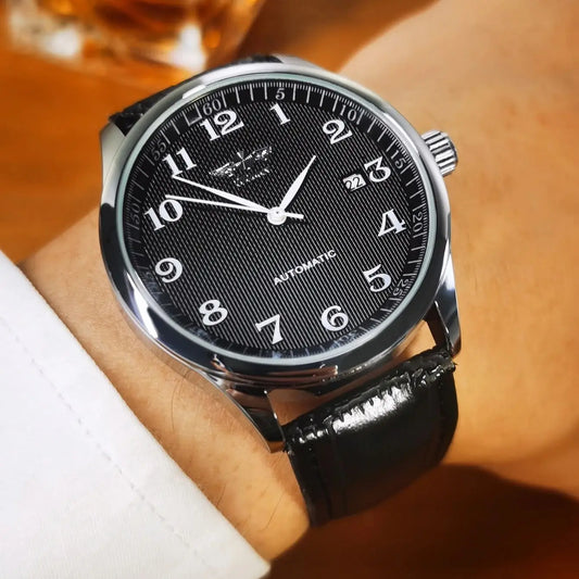 WINNER Men’s Watch – Classic, retro and elegant style – Automatic mechanical watch with date display – Luxury brand, steel case and leather strap