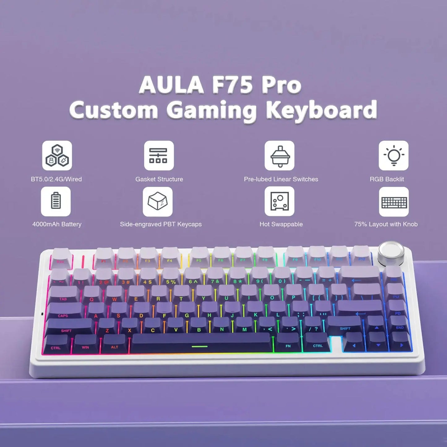 Teclado Mecânico Gaming Sem Fios AULA F75 Pro com Montagem Gasket, RGB Personalizado, Layout 75% e Teclas PBT com Gravação Lateral