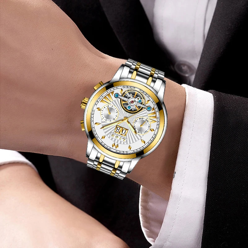 Relógios de pulso mecânicos automáticos para homem LIGE – Relógio de luxo de gama alta com turbilhão, modelo elegante e estanque, ideal para o trabalho ou ocasiões formais.