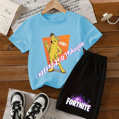 Fortnite Series T-Shirt- und Shorts-Set für Kinder, Hot-Game-Oberteil und Hose, sommerliches, niedliches Homewear-Loungewear-Outfit, Geburtstagsgeschenk